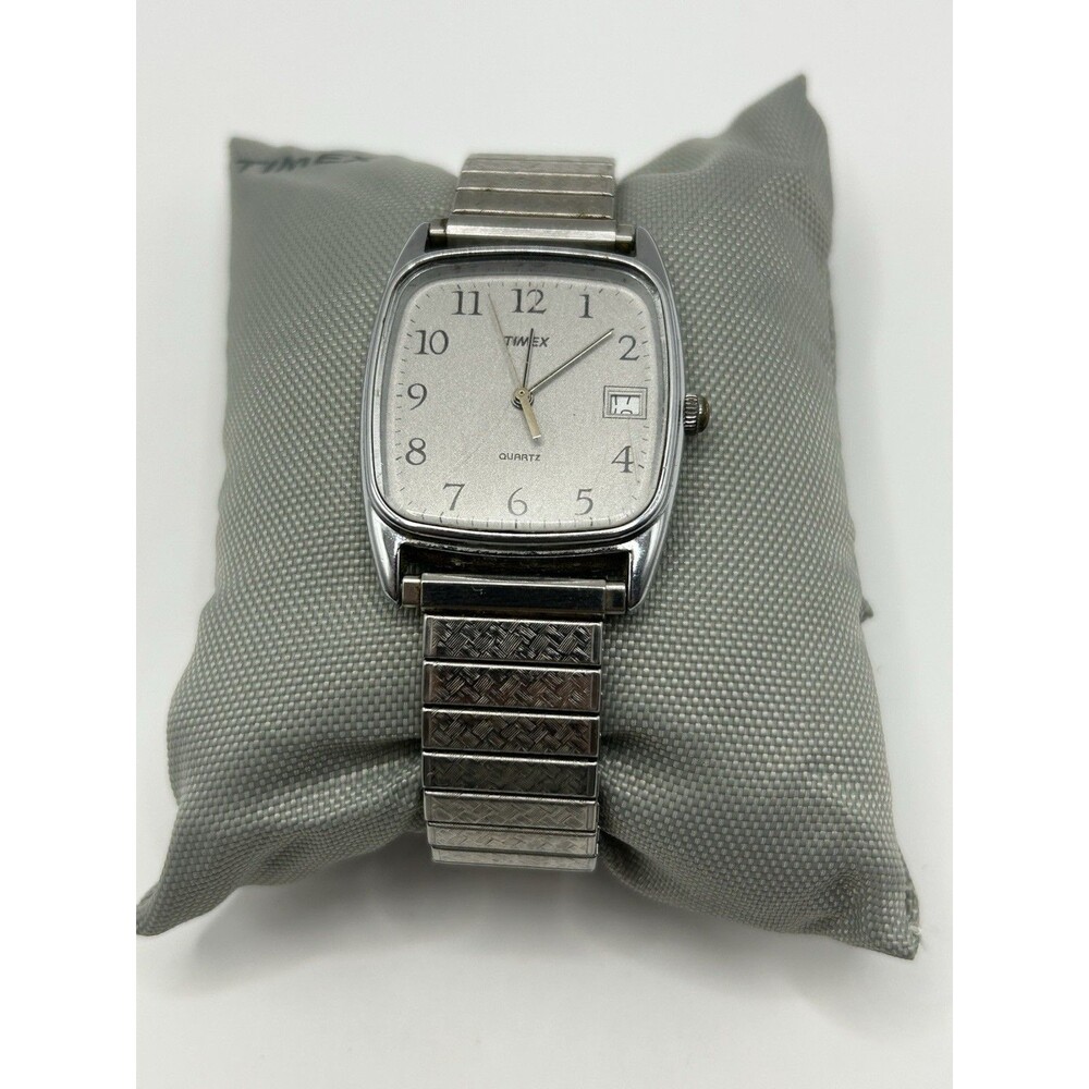 Times Men’s Silver Tone Quartz Watch Date Window Stretch Band Square Case